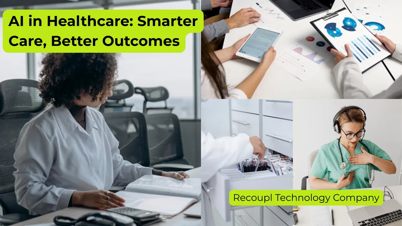 Healthcare professionals using AI technology for smarter care and better outcomes at Recoup Technology Company, featuring team collaboration, data analysis, and patient support.
