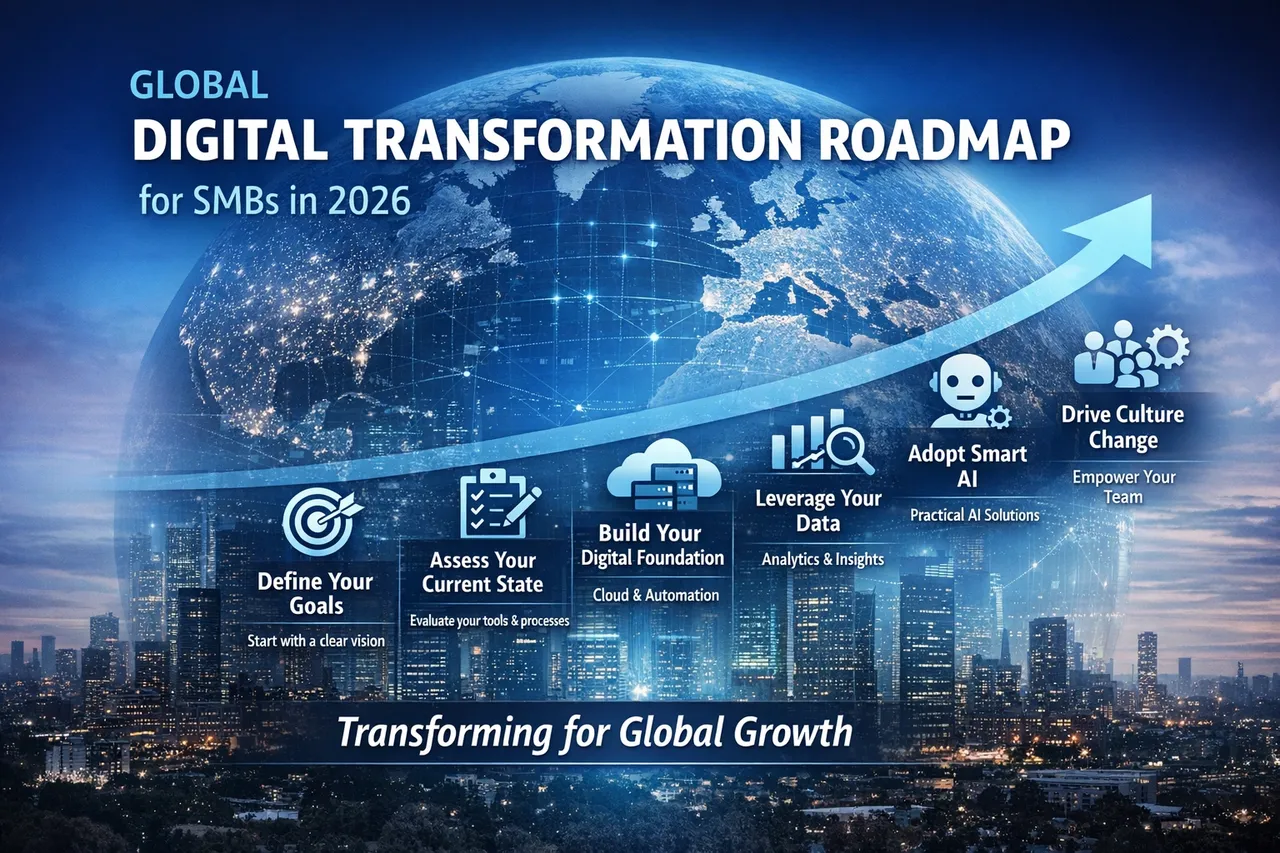 Illustration showing a global digital transformation roadmap for SMBs in 2026, highlighting key steps such as defining business goals, assessing current systems, building a cloud and automation foundation, leveraging data and analytics, adopting practical AI solutions, and driving organizational change for global growth.