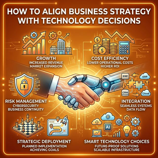 Infographic banner titled 'How to Align Business Strategy with Technology Decisions' featuring a digital handshake between a human and AI-powered hand on a warm orange background, surrounded by icons representing growth, cost efficiency, risk management, integration, strategic deployment, and smart technology choices.